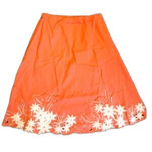 NWT Susan Graver Coral Linen Blend Skirt Size L Floral Embroidered Hem